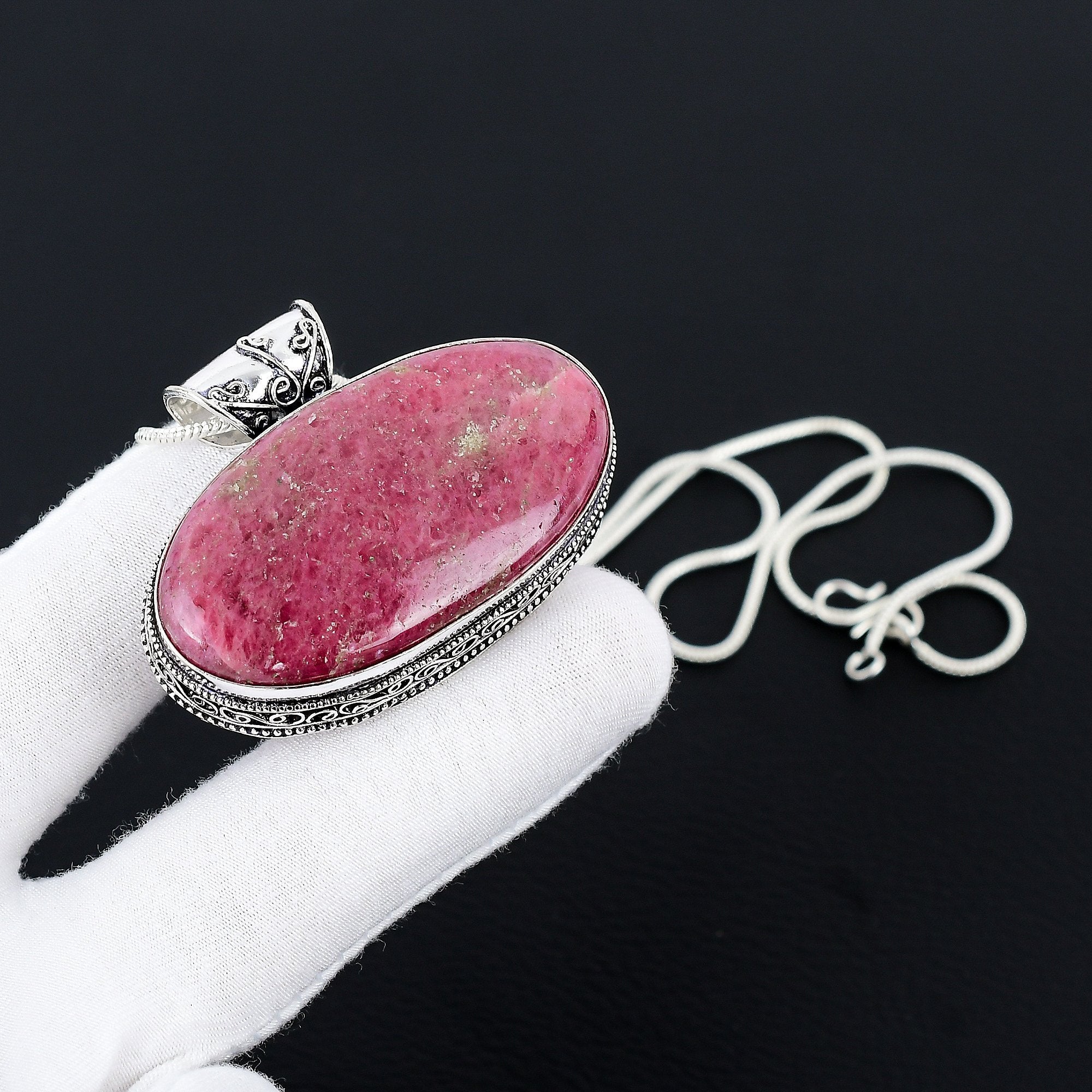 Rhodonite Gemstone Silver Necklace Jewelry, 925 Sterling Silver Handmade Pendant, Rhodonite Silver Pendant Valentine Day gifts for Love
